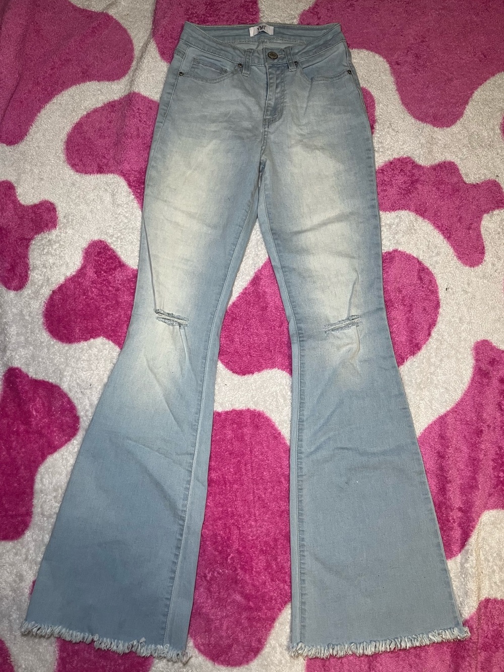 YMI Light Blue High-Rise Flare Jeans with Knee Slits
